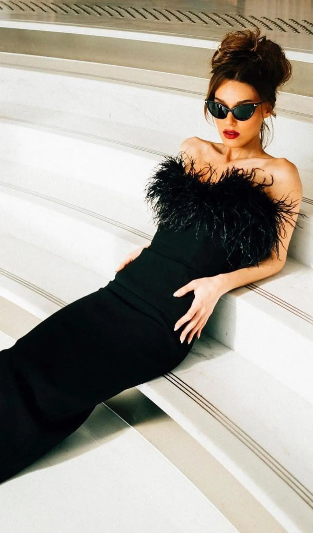 Fashionslee Women Feather Bodycon Maxi Dress In Black