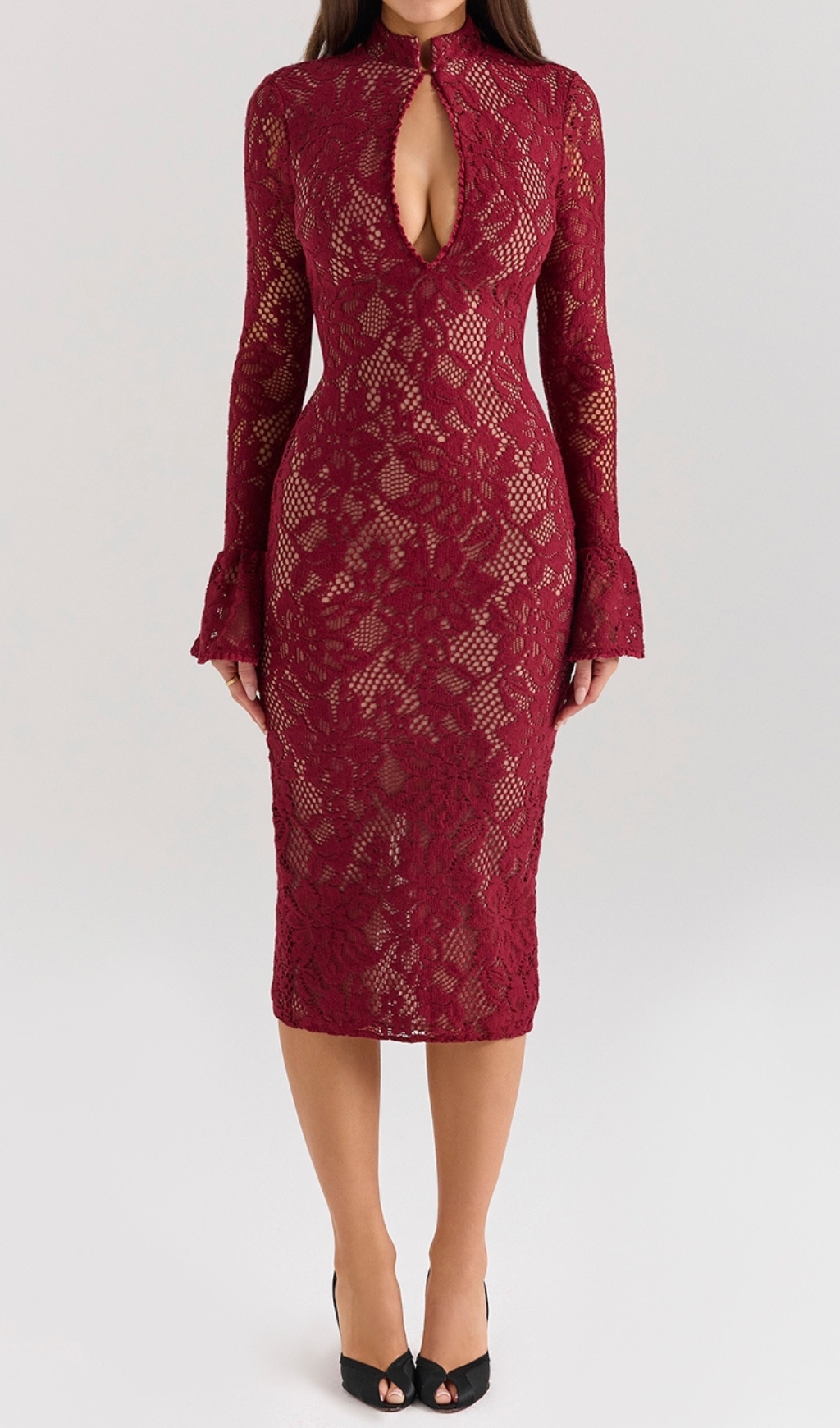 Fashionslee Women Cayman Red Lace Long Sleeve Midi Dress
