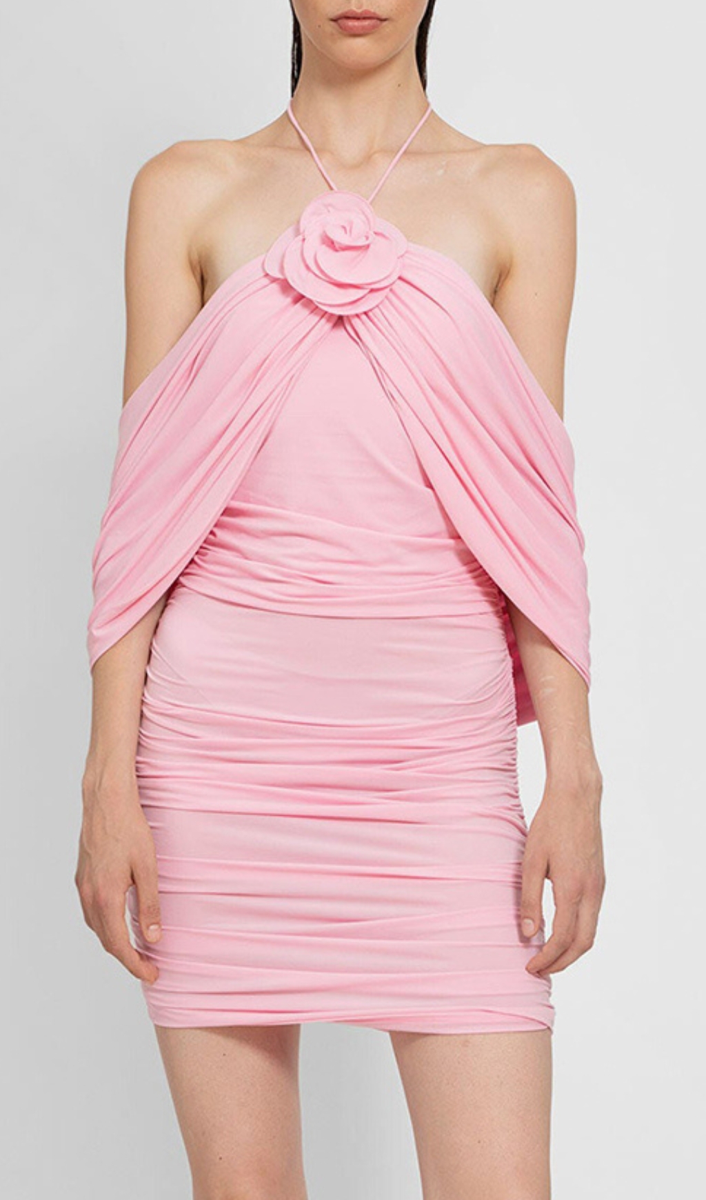 Fashionslee Women Brick Pink Halter Flower Draped Mini Dress