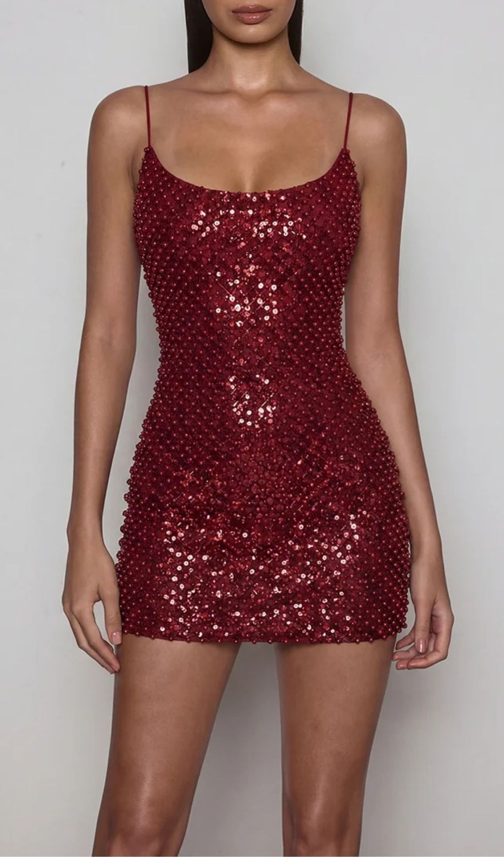 Fashionslee Women Draxely Spaghetti Sequin Pearl Mini Dress In Red