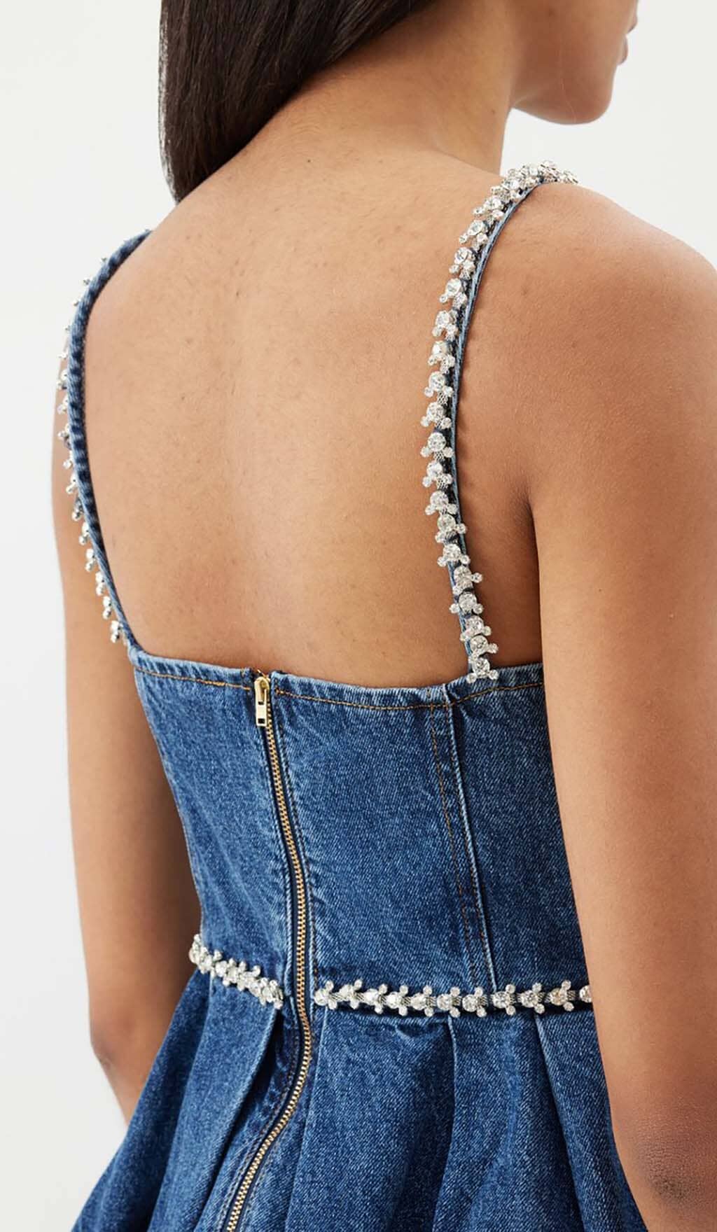 7bfa365205e9f0d1b48d9861754f2b48.jpeg Fashionslee Women Crystal-Embellished Denim Mini Dress In Blue