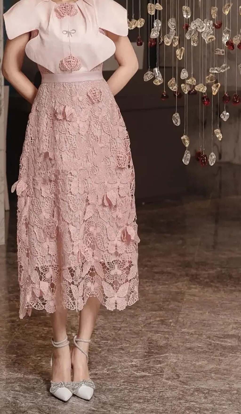 Fashionslee Women Butterfly Embroidery Cloak Sleeve Midi Dress In Pink