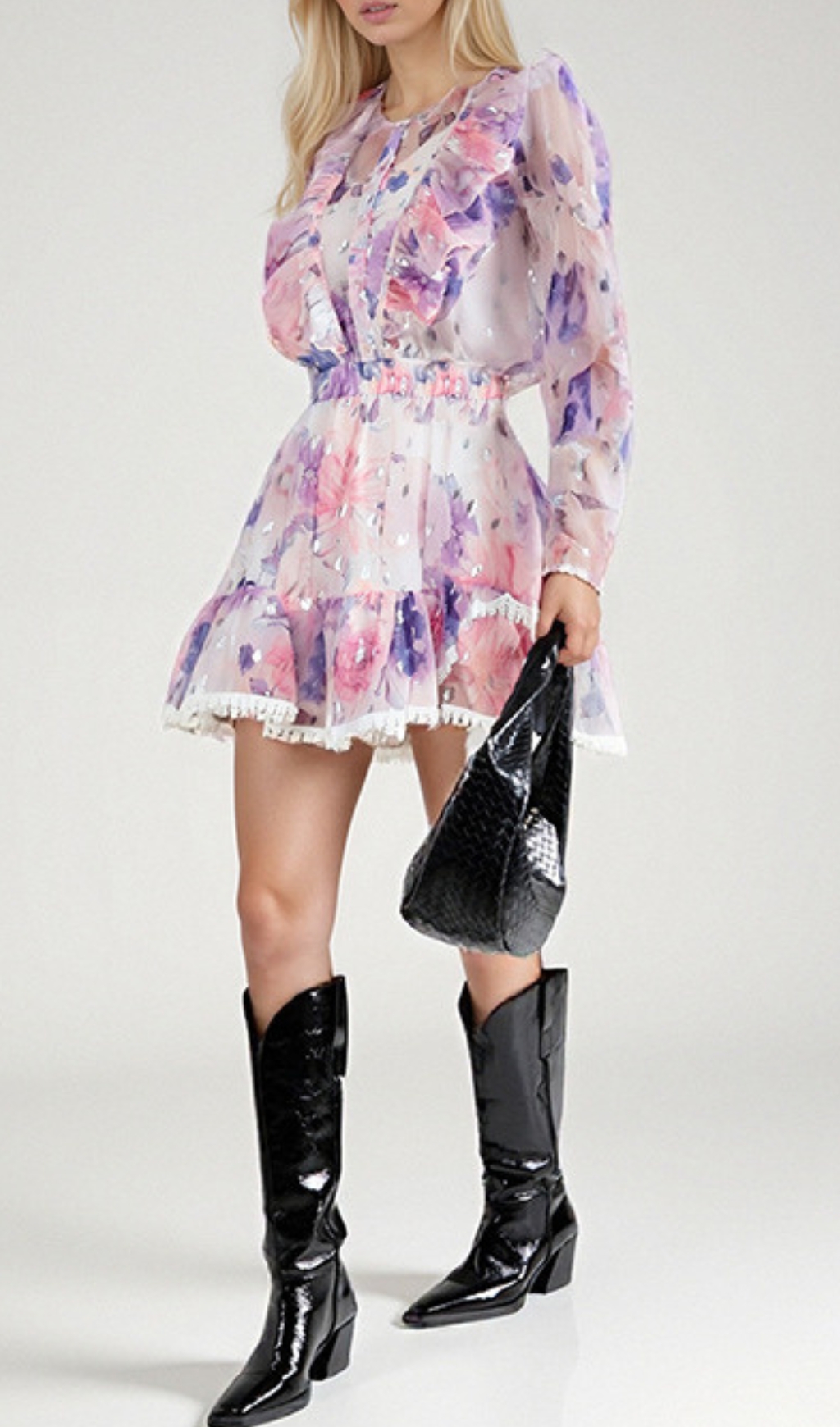 Fashionslee Women Elvina Purple Ruffle Printed Skirt Set
