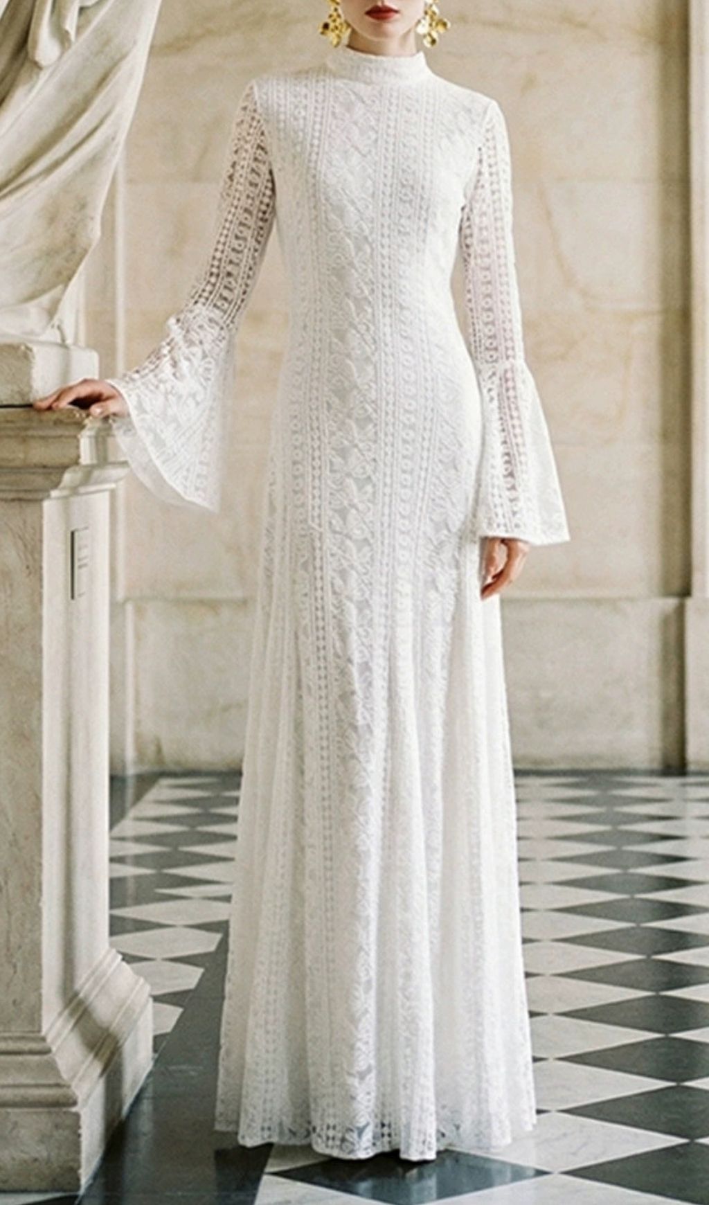 Fashionslee Women Kiyoko White Flared Long Sleeve Lace Maxi Dress