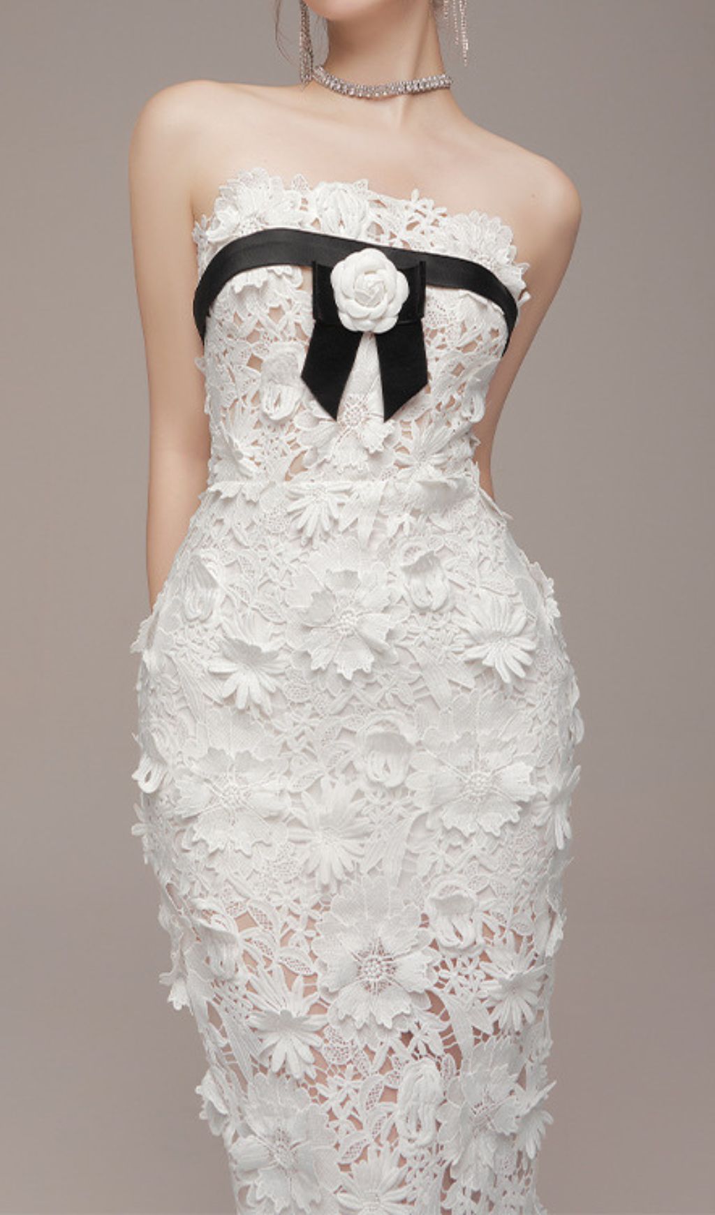 Fashionslee Women Eviana White Strapless Flower Embroidery Maxi Dress