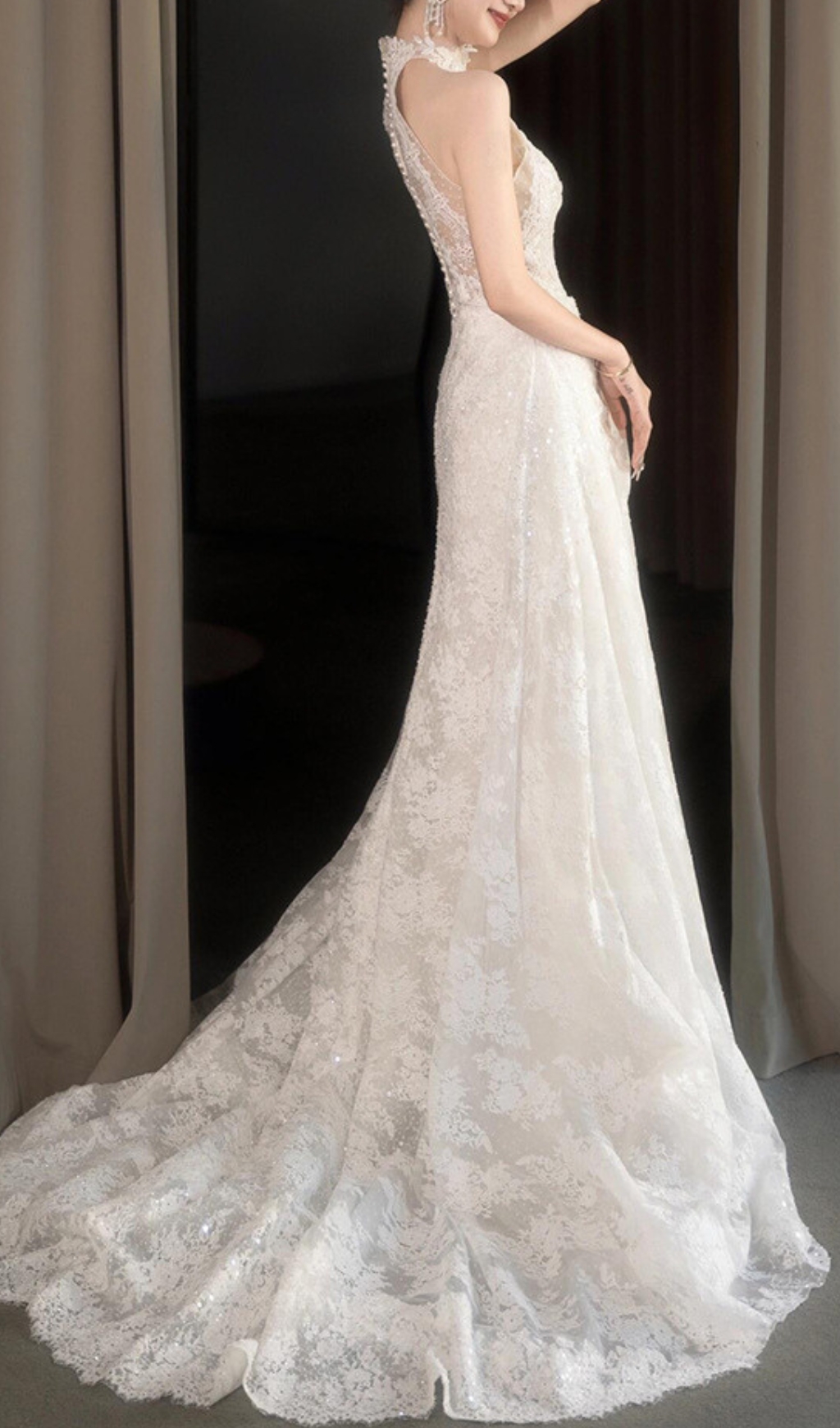 Fashionslee Women Dayanara White Halter Lace Wedding Dress