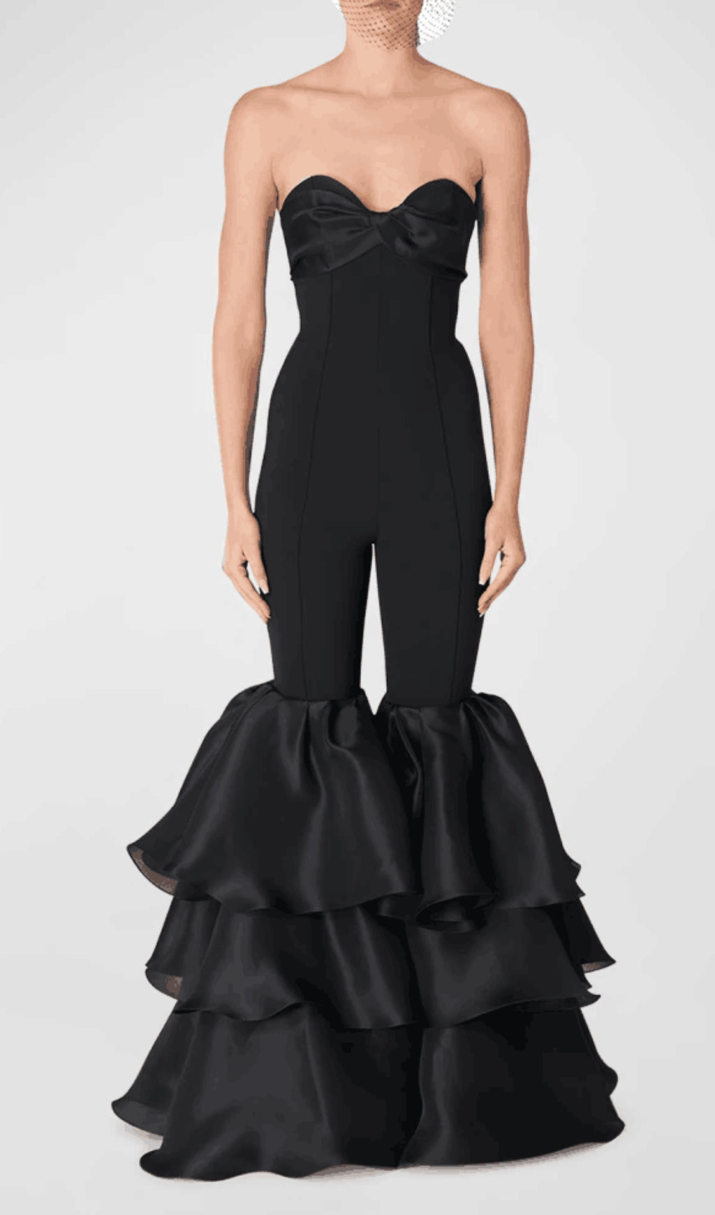 Fashionslee Women Black Strapless Jumpsuit With Tiered Ruffle Hem