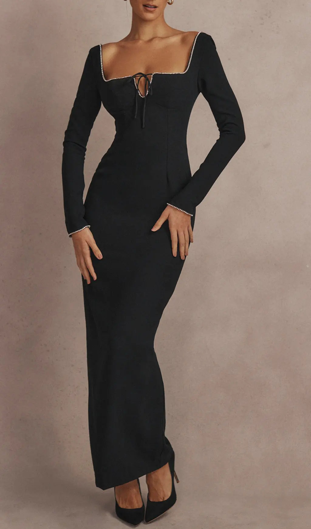 Fashionslee Women Black Crystal Embellished Maxi Dress