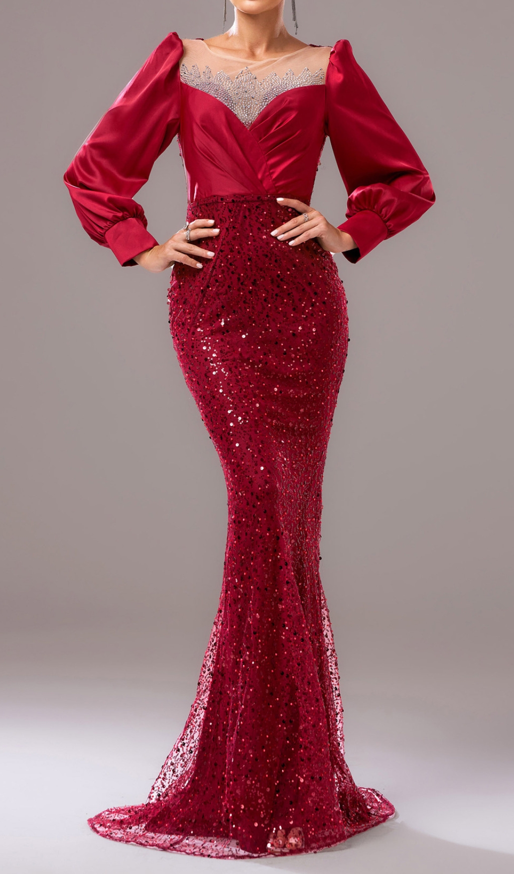 Fashionslee Women Colum Red Sequin Long Sleeve Maxi Dress
