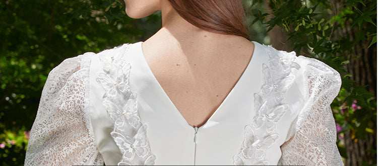 Fashionslee Women White Lace V-Neck Long-Sleeved Mini Dress