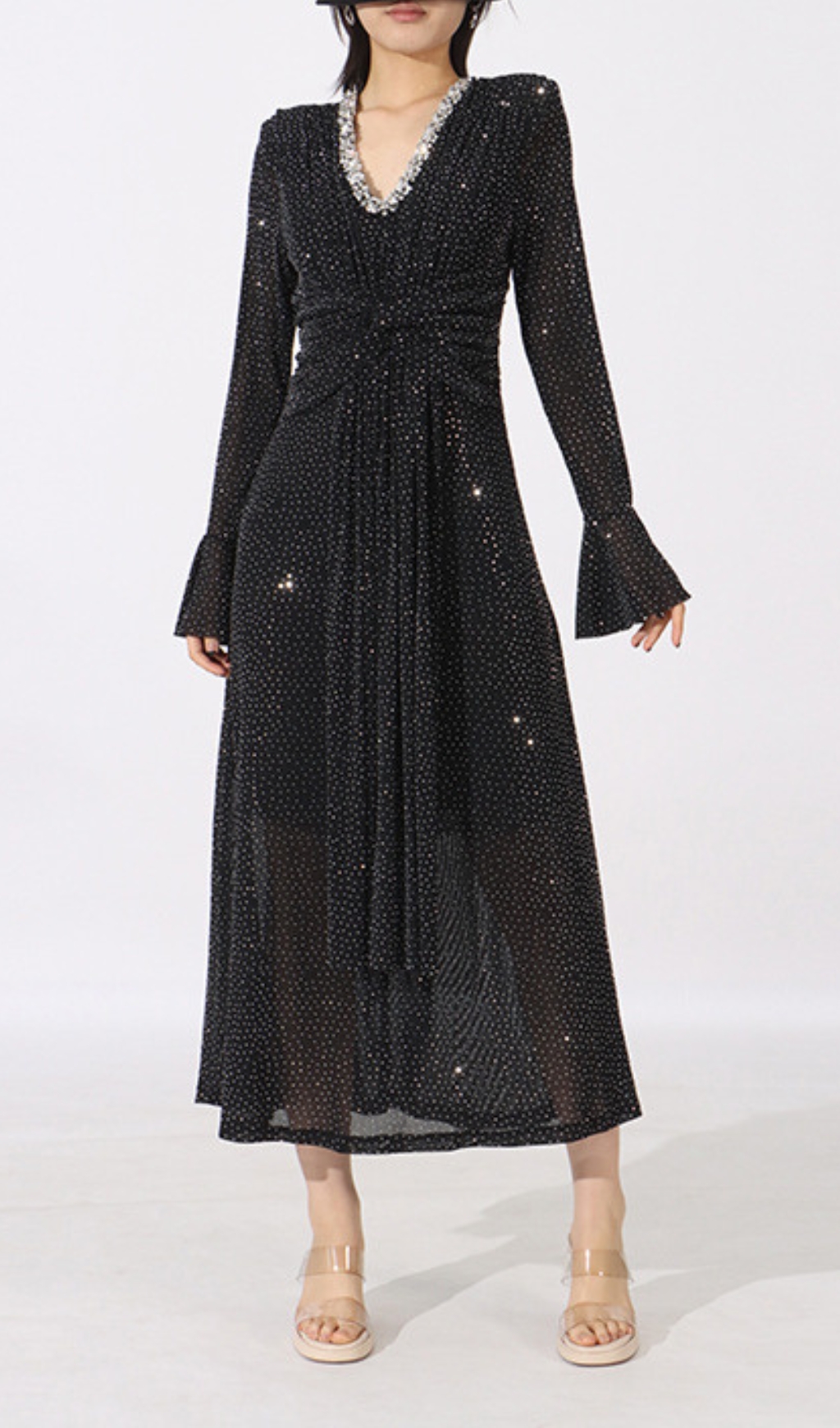 Fashionslee Women Encarna Black Diamond Long Sleeve Midi Dress