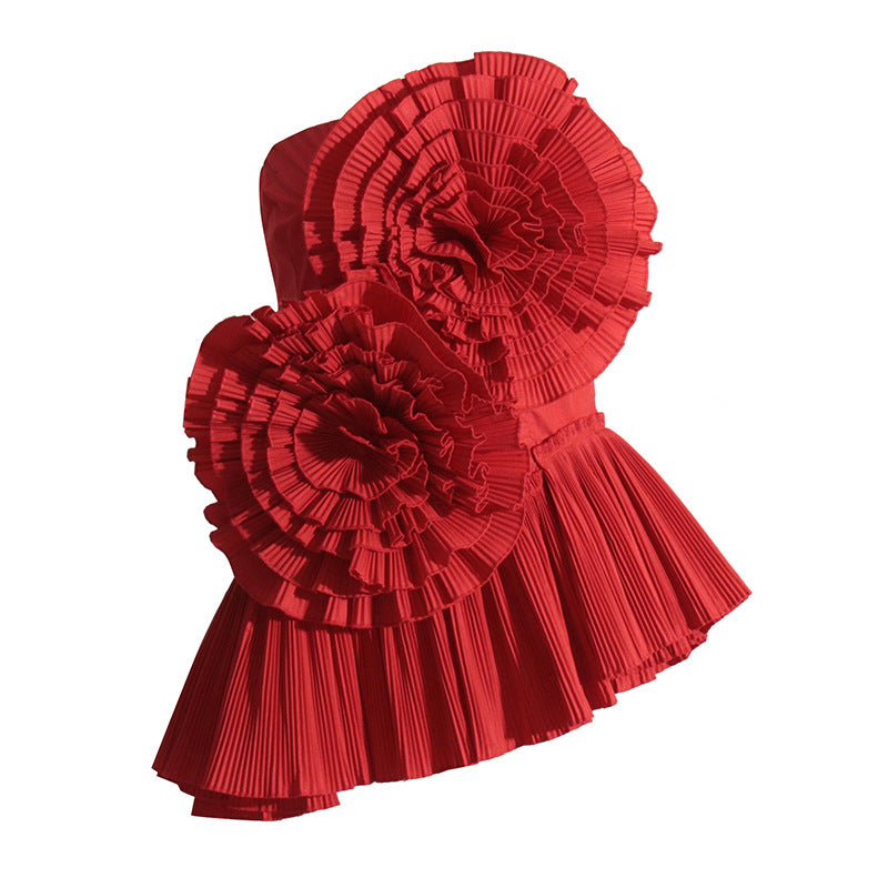 7d6e9a8a4598659ce2d4636ae47391d0.jpeg Fashionslee Women Strapless Flower Pleated Top In Red