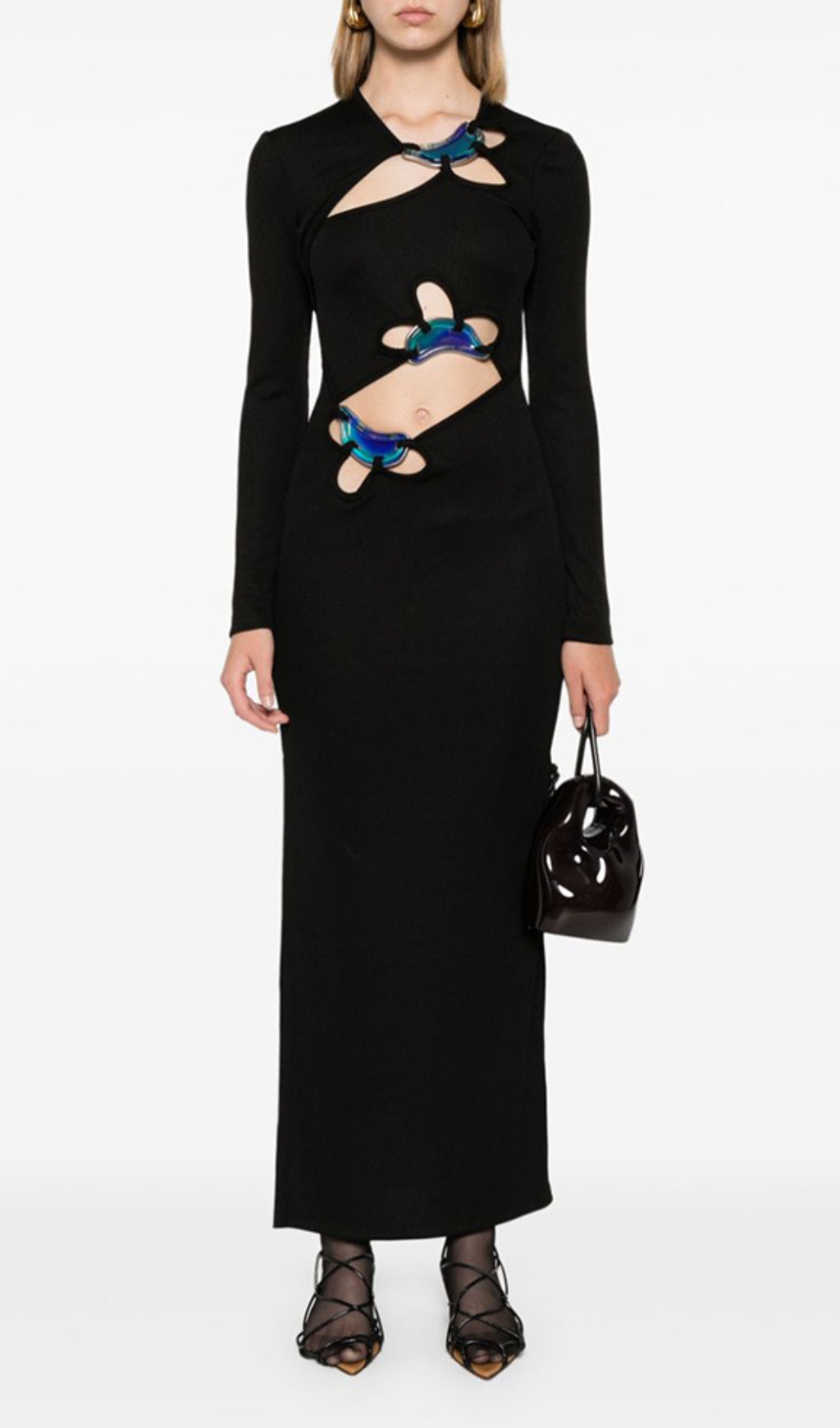 Fashionslee Women Barbel Black Cutout Long Sleeve Maxi Dress