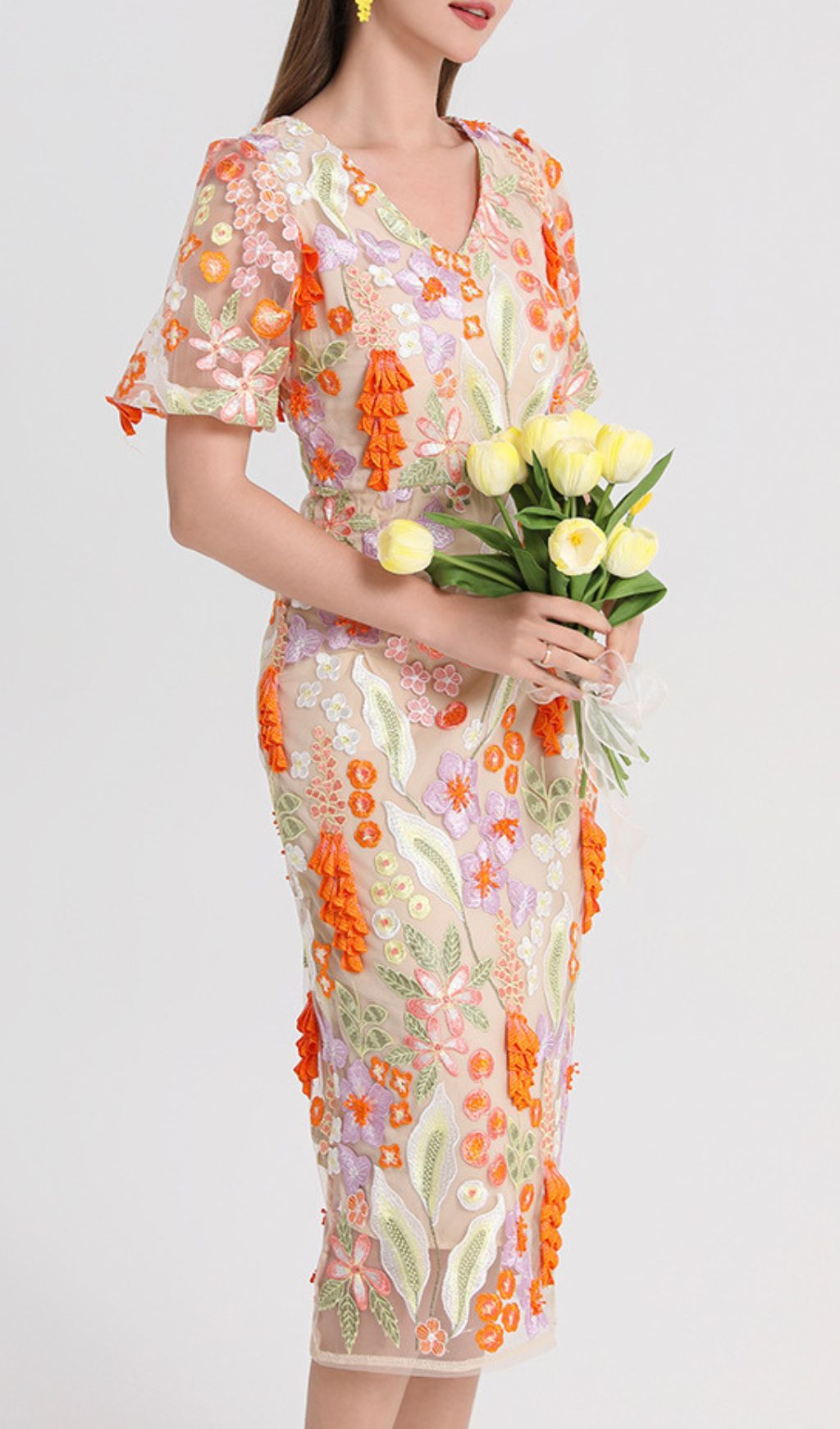 Fashionslee Women Fujiye V-Neck Flower Embroidery Midi Dress