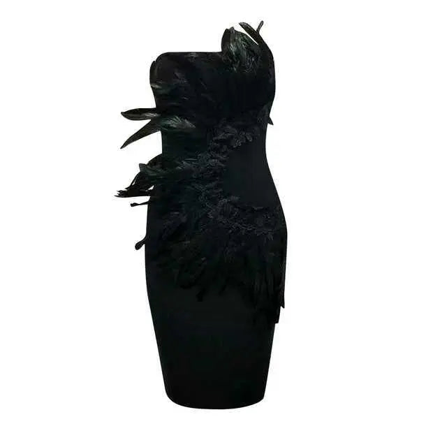 7db6debc4a4713ea50b0e2e6a0593143.jpeg Fashionslee Women Black Strapless Feather Midi Bandage Dress