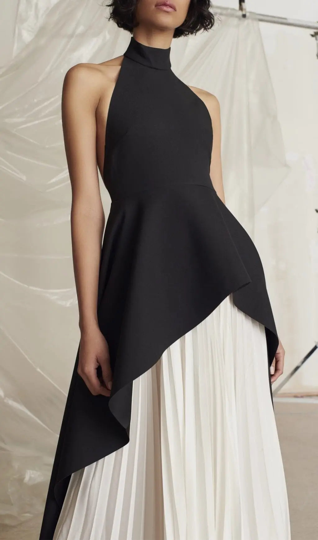 Fashionslee Women Bandage Halter Irregular Maxi Dress In Black And White