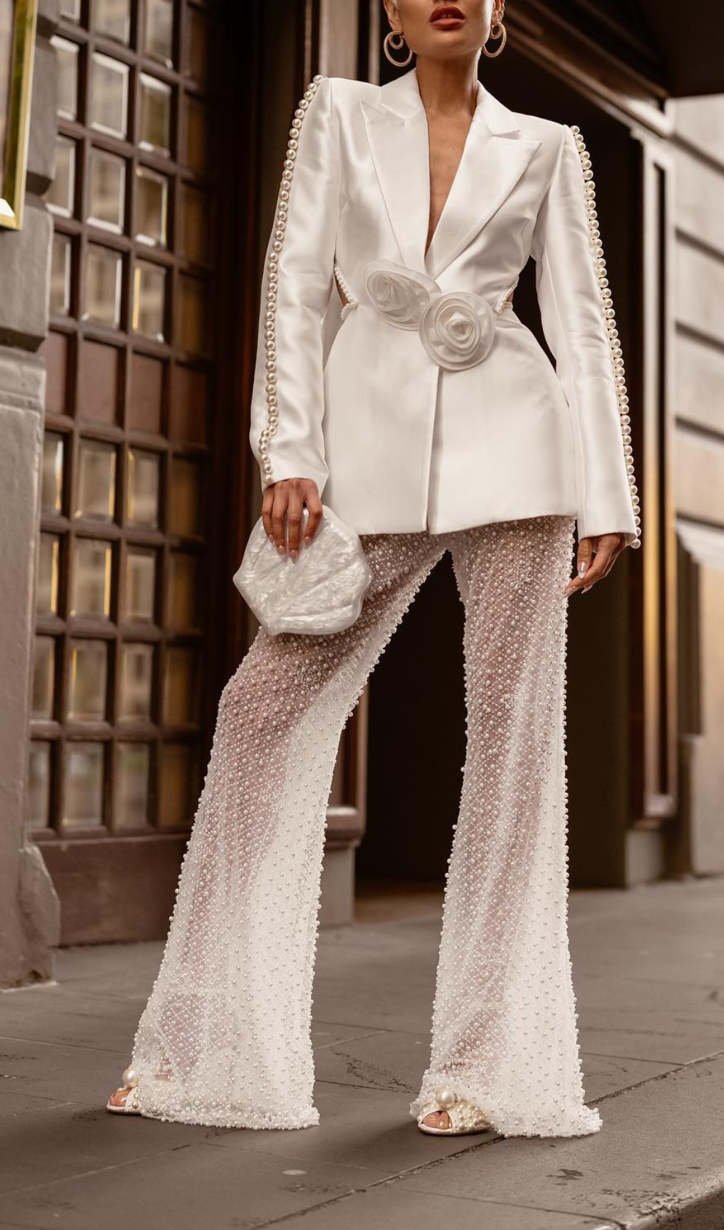 7dfb3e0772456e32ed0adf6e405f721b.png Fashionslee Women White Hollow Tight Trousers Two-Piece Set