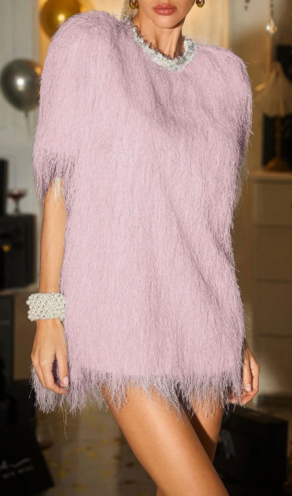 Fashionslee Women Celena Pearl Fringe Mini Dress In Pink
