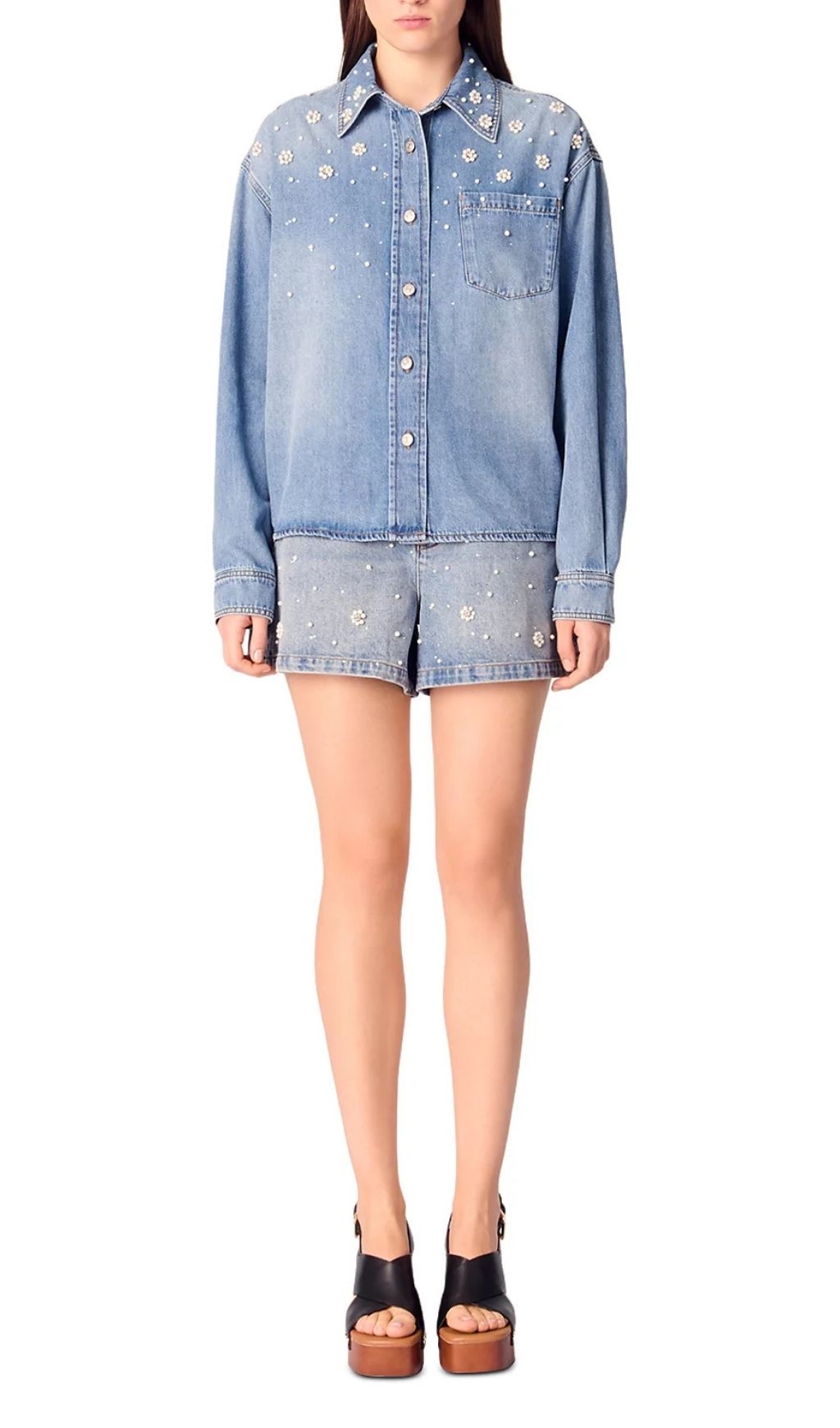 Fashionslee Women Denim Shirt with Embroidered Beads