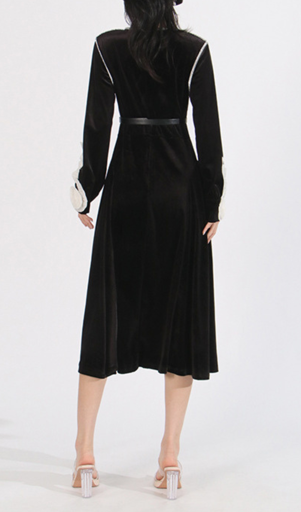 Fashionslee Women Cleave Black Flower Long Sleeve Midi Dress