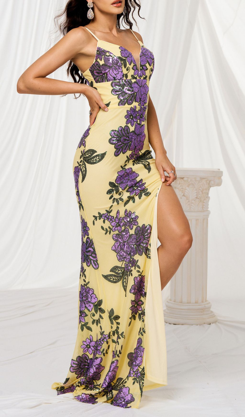 7e7b8efb43aa8a903e52ea5f3ae5638d.jpg Fashionslee Women Finnea Yellow Flower Sequin Slit Maxi Dress