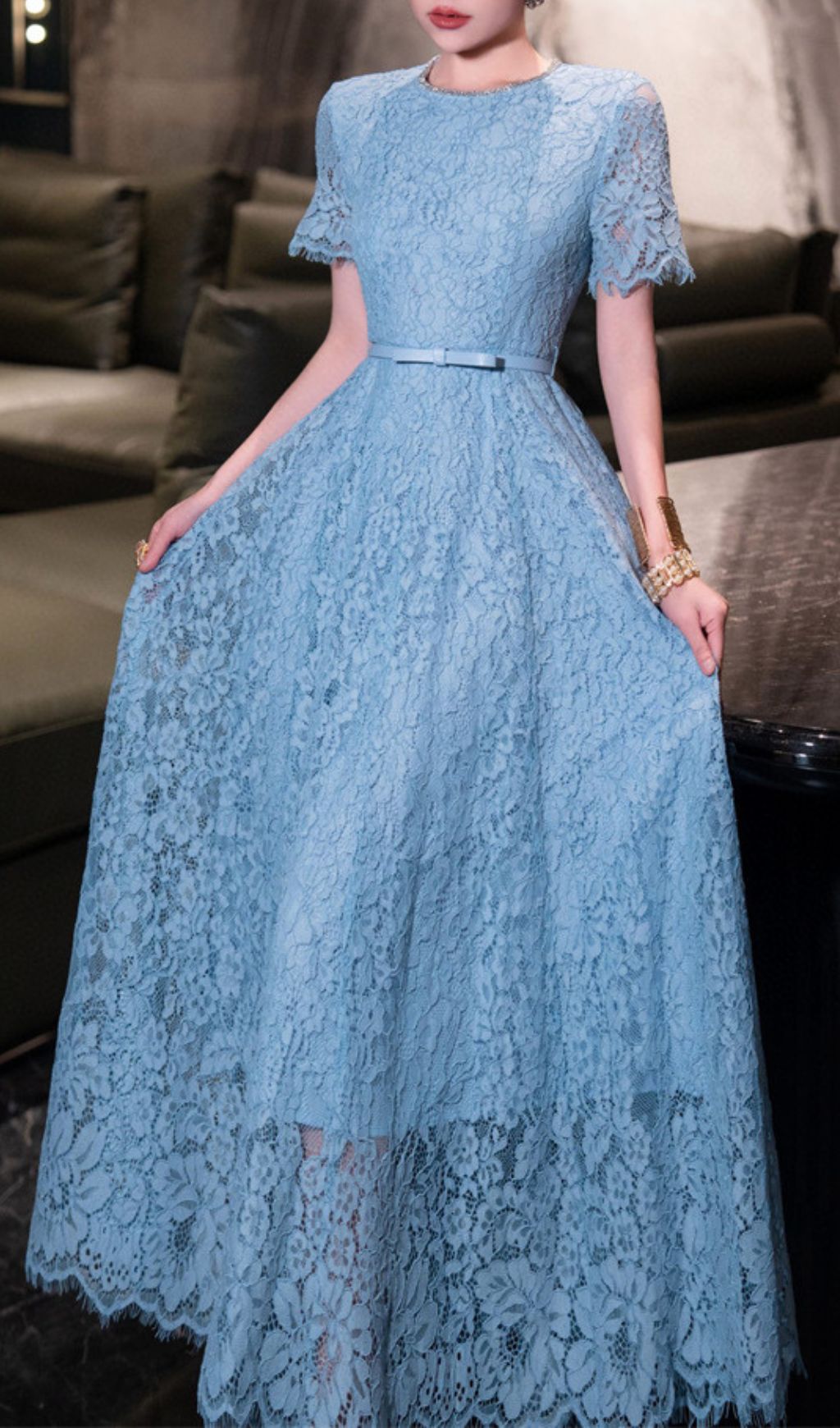 Fashionslee Women Hilary Blue Lace Midi Dress