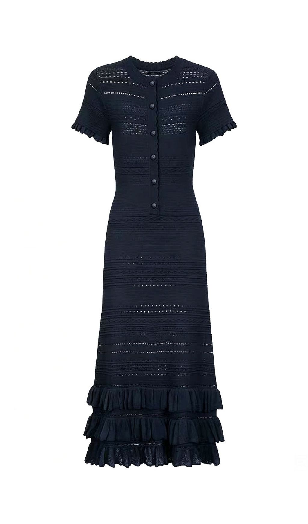 Fashionslee Women Kia Dark Blue Short Sleeve Ruffle Midi Dress