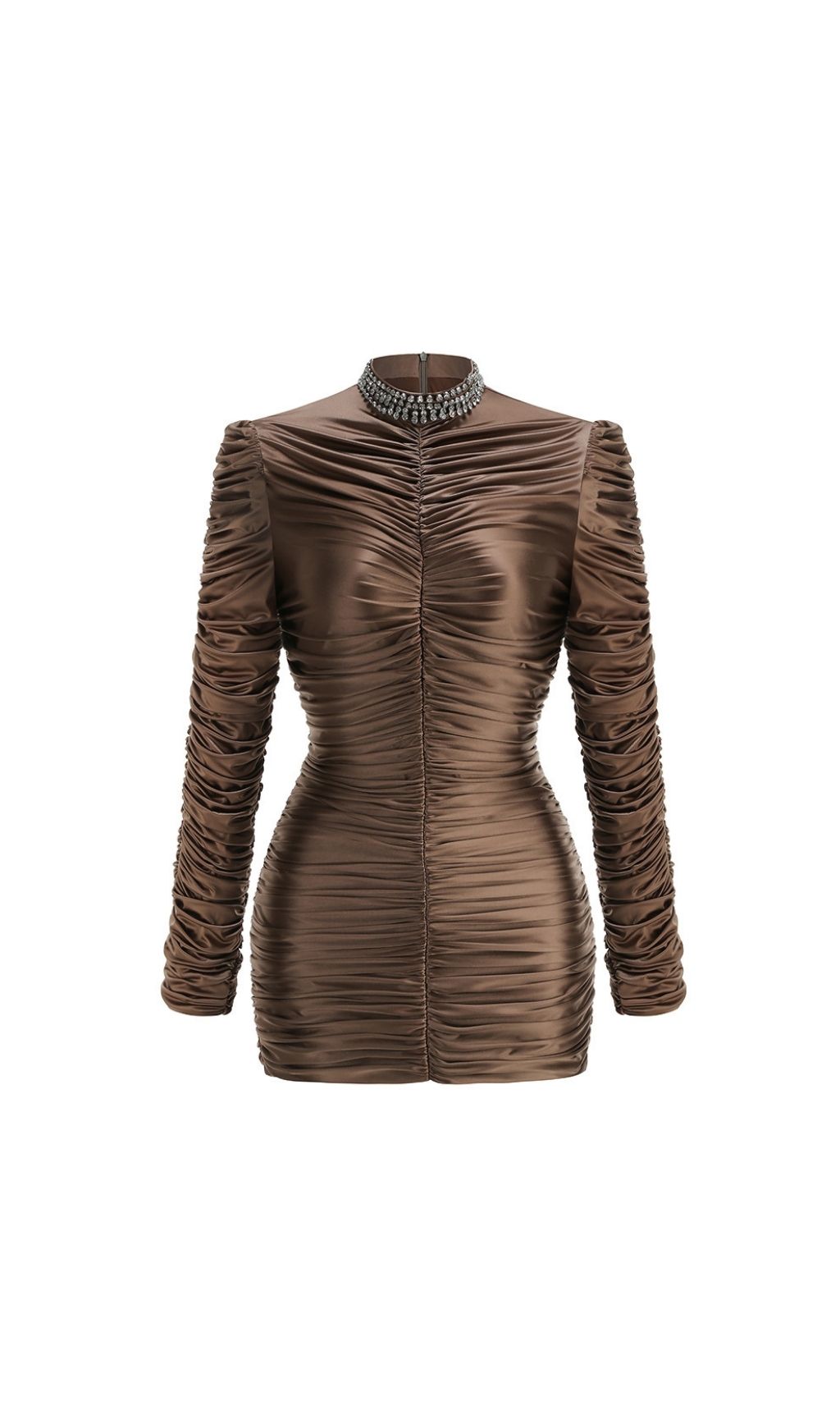 7ed521f033439fc9ea20ca389feb84f2.jpg Fashionslee Women Khalani Brown Ruched Long Sleeve Mini Dress