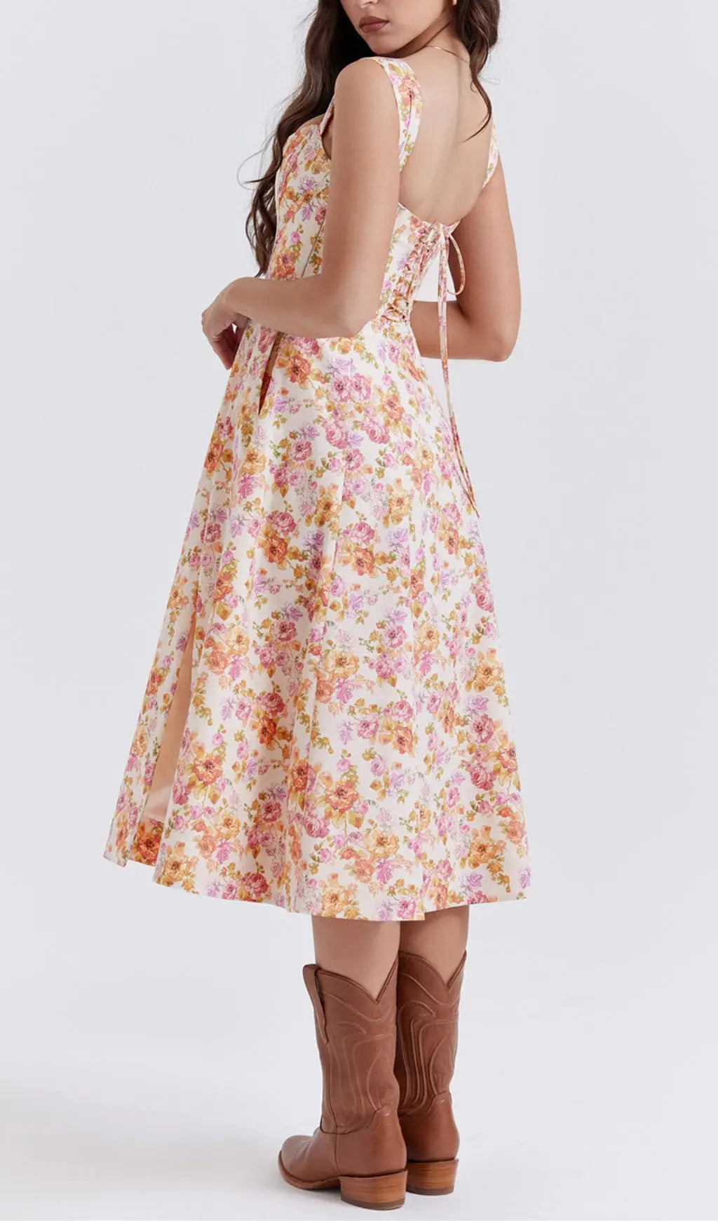 Fashionslee Women Ivory Floral Midi Sundress