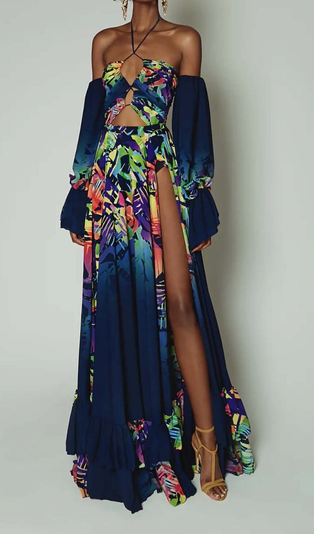 Fashionslee Women Off Shoulder Flowy Sleeves Maxi Dress In Multi-Color
