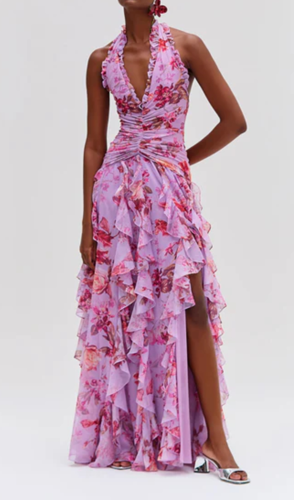 Fashionslee Women Delicah Pink Halter Floral Ruffle Maxi Dress