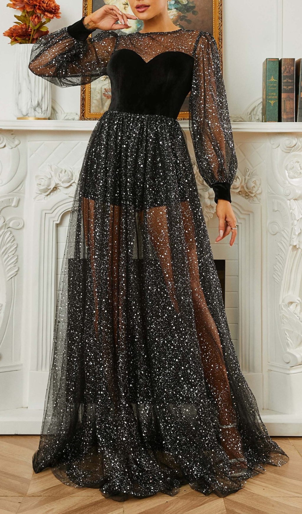 7f5ae32f283a5b9feb27b773f823e3ea.jpg Fashionslee Women Catlyn Black Mesh Long Sleeve Maxi Dress