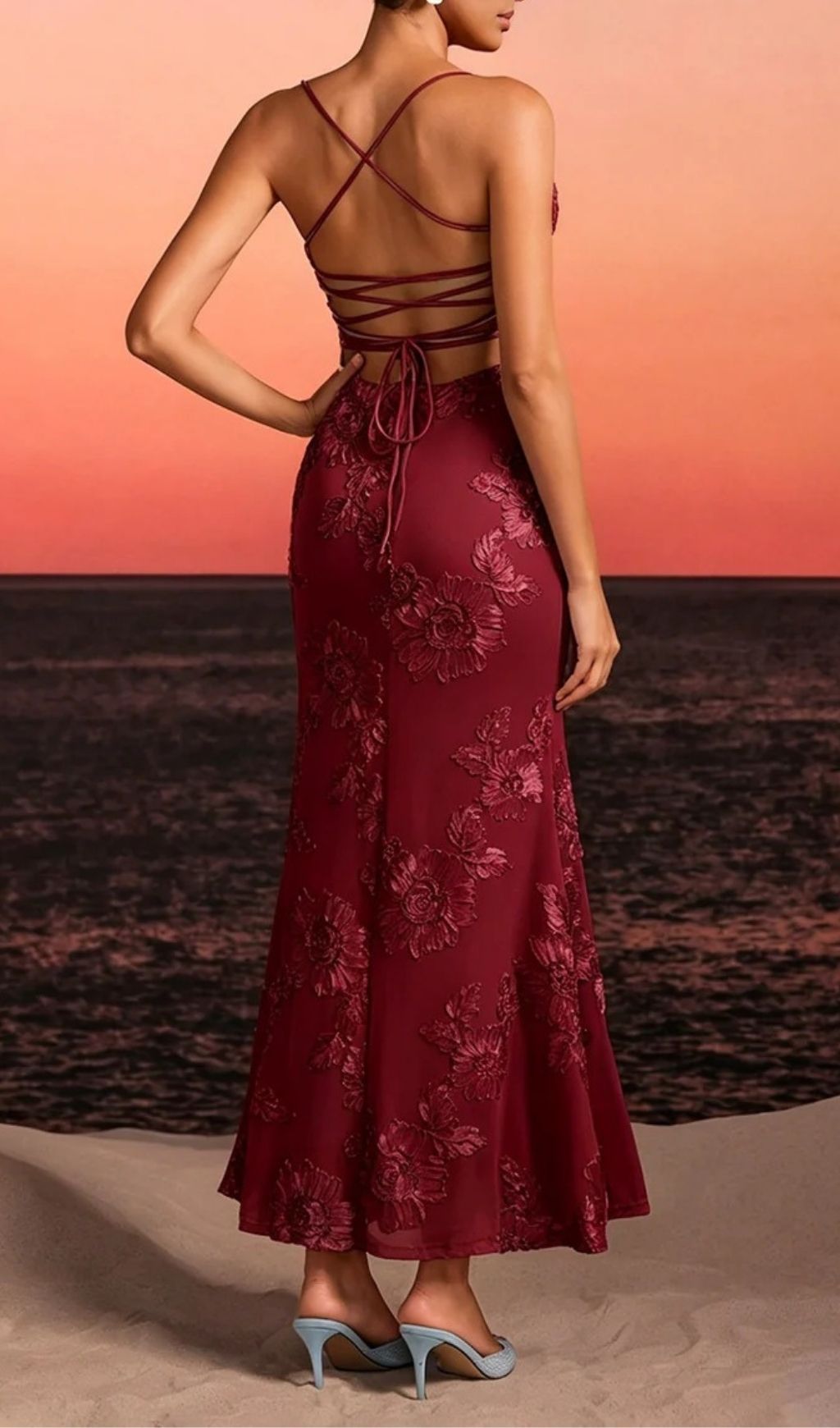 Fashionslee Women Zryne Spaghetti Embroidered Flower Maxi Dress In Wine