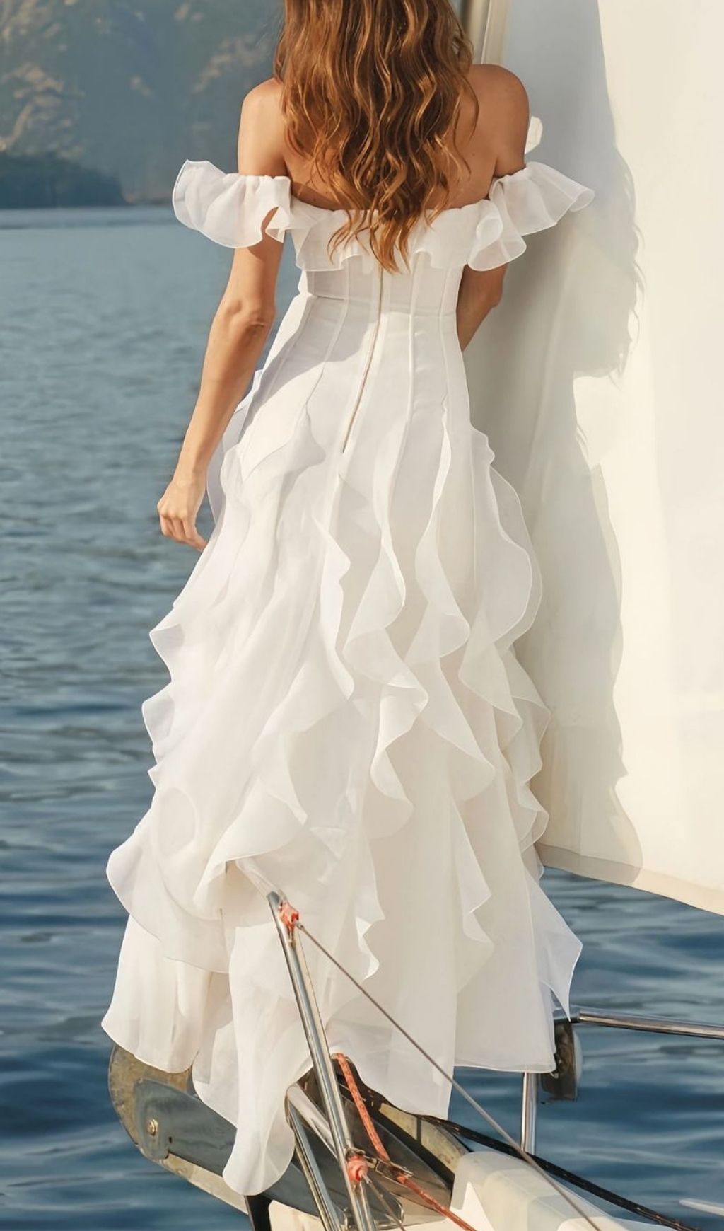 Fashionslee Women Angosto Off Sholder Ruffle Maxi Dress In White
