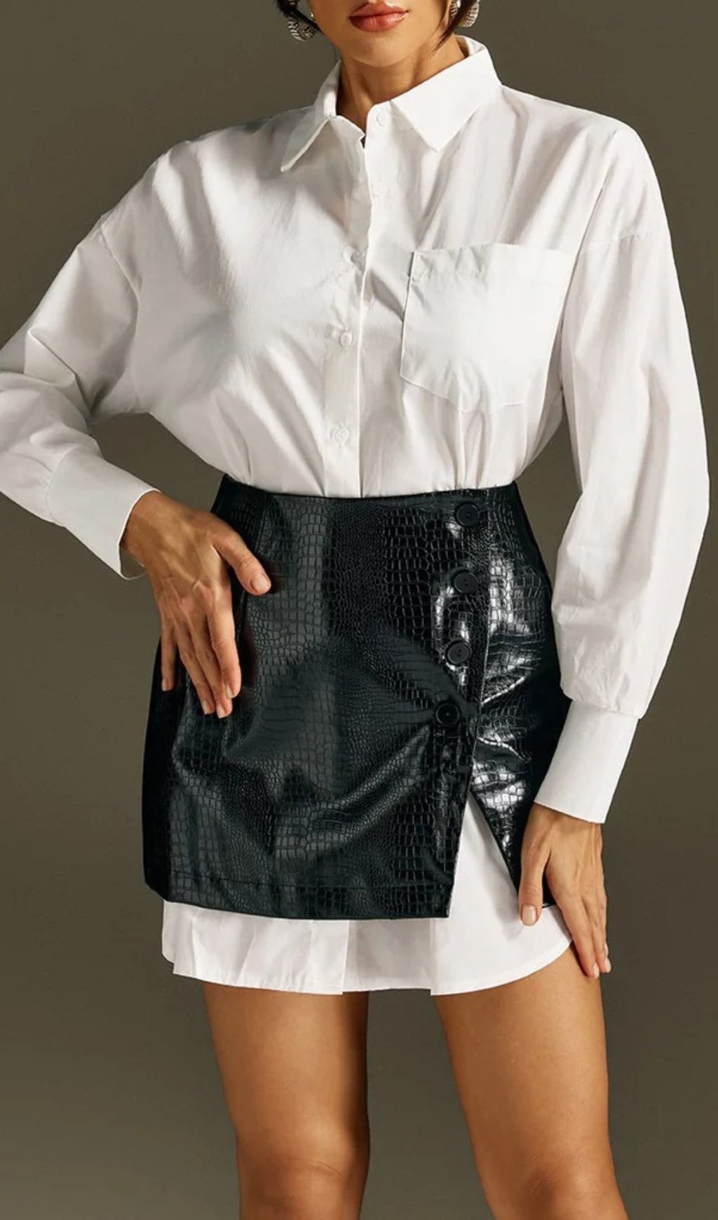 Fashionslee Women Romney Shirt Faux Leather Skirt Set
