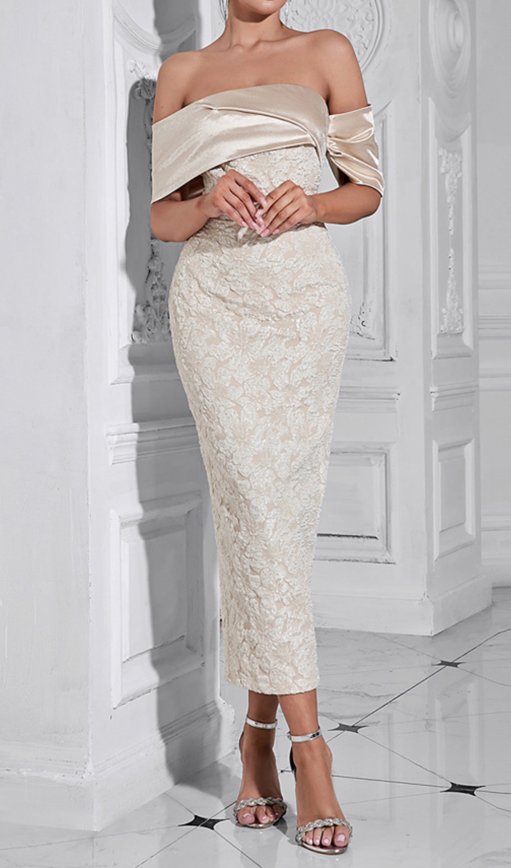 OFF-SHOULDER TRENDING JACQUARD MIDI DRESS - OWNCI OFF-SHOULDER TRENDING JACQUARD MIDI DRESS - OWNCI