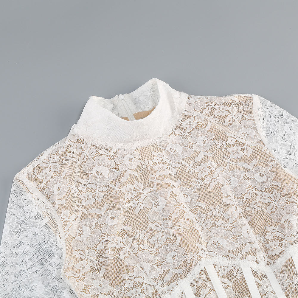 Fashionslee Women Dorisa White Lace Corset Long Sleeve Mini Dress