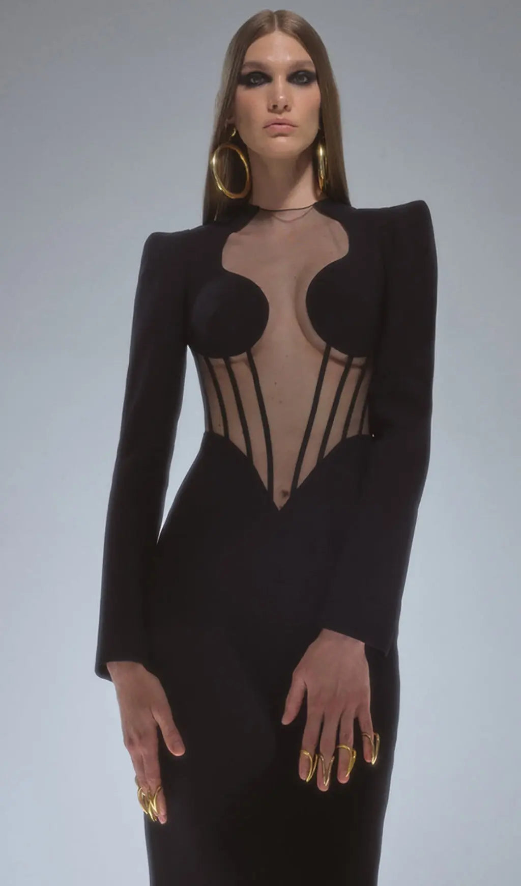 Fashionslee Women Black Mesh Corset Detail Bandage Long Dress