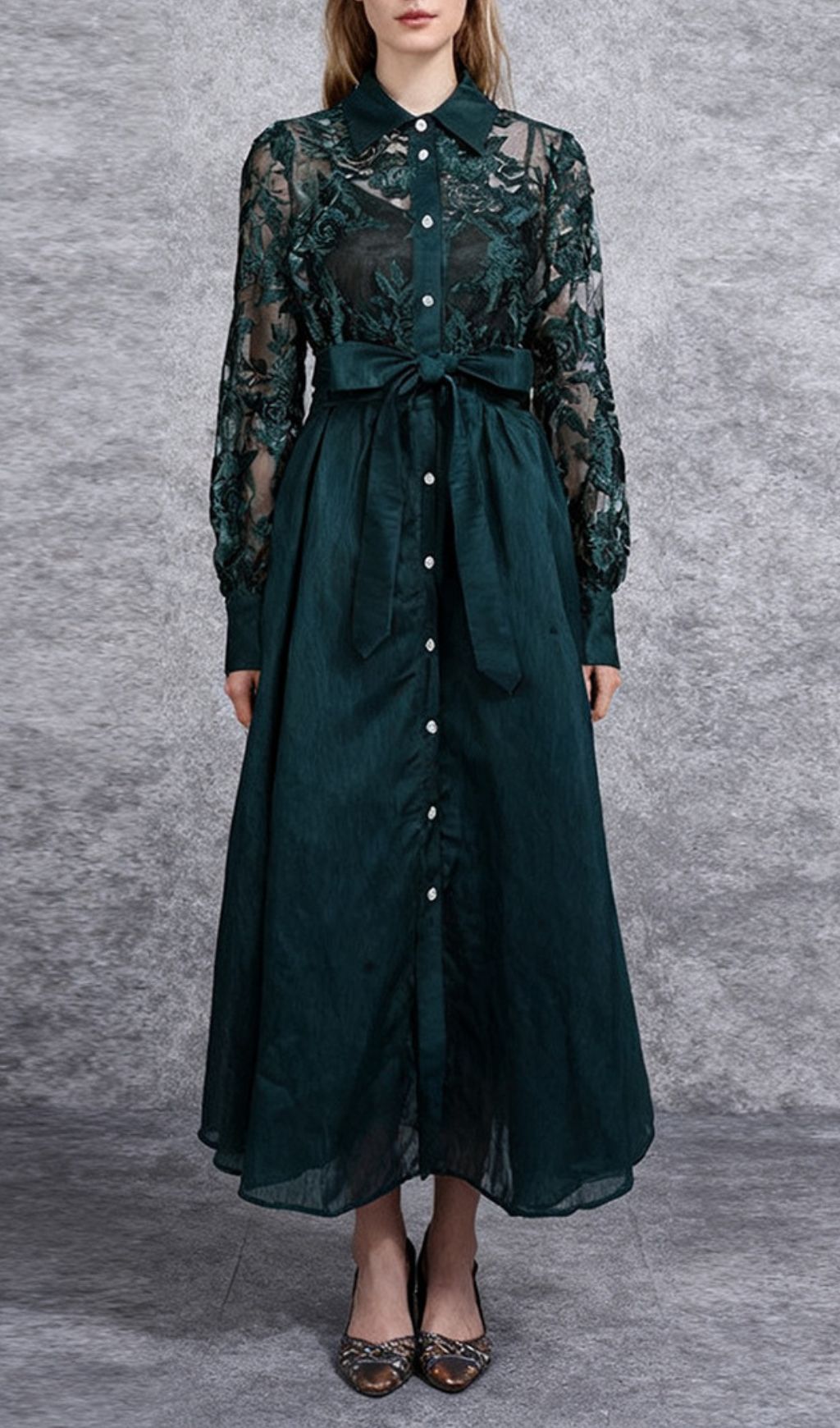 Fashionslee Women Iyana Green Flower Embroidery Long Sleeeve Midi Dress