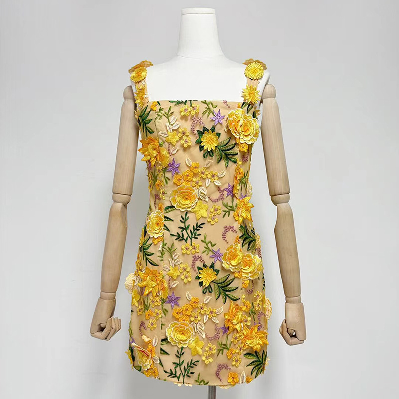 Fashionslee Women Fyodor Strappy Flower Embroidery Mini Dress
