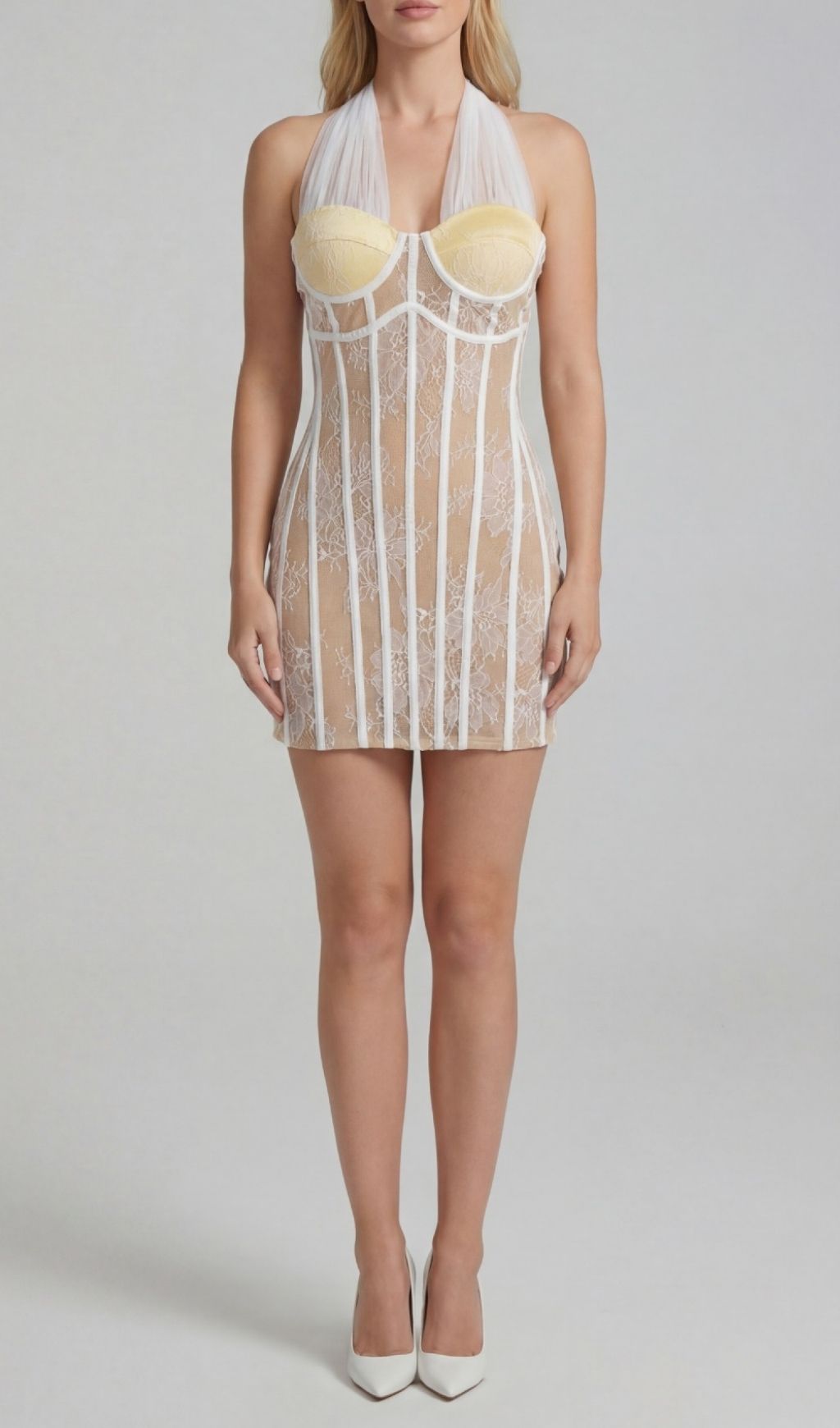 Fashionslee Women Kena White Halter Lace Corset Mini Dress