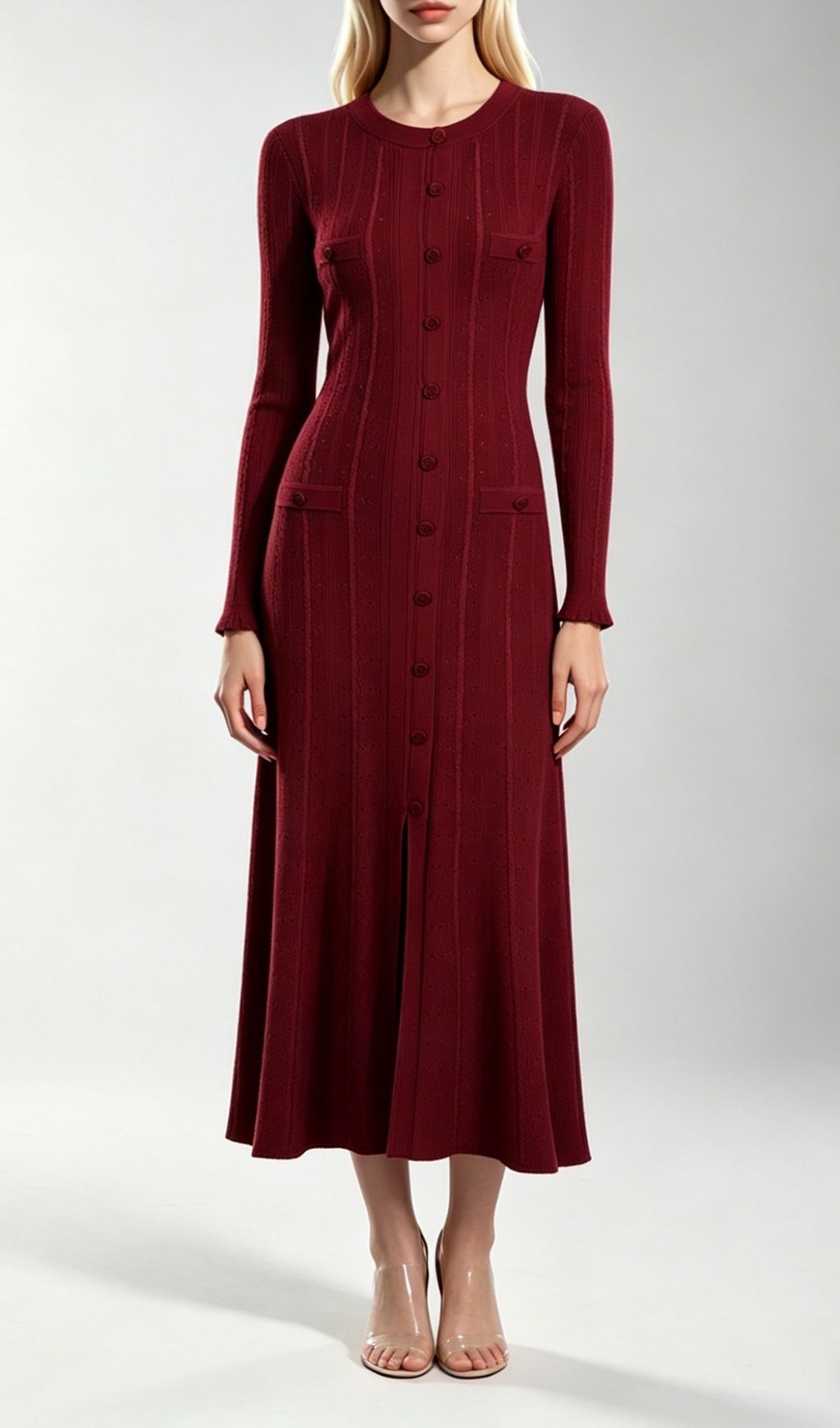 Fashionslee Women Kilenya Wine Knit Long Sleeve Midi Dress