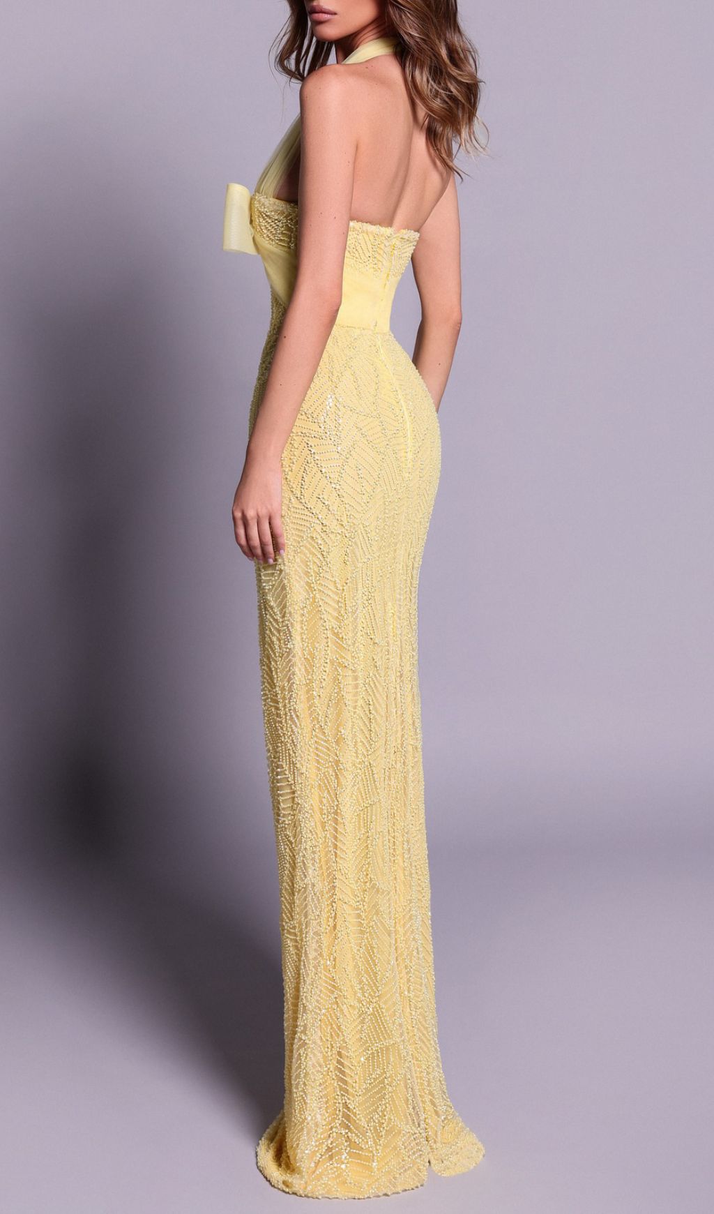 Fashionslee Women Jermaine Yellow Halter Bow Beaded Maxi Dress