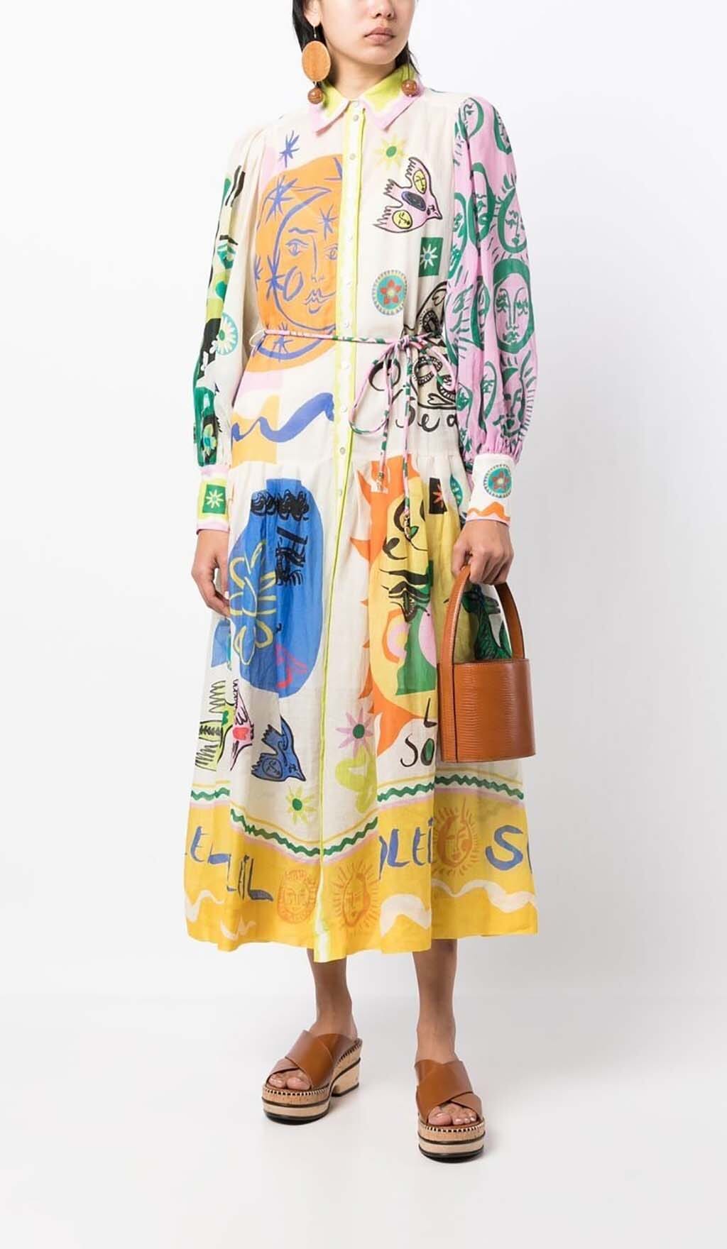 Fashionslee Women Lantern Sleeve Print Midi Dress