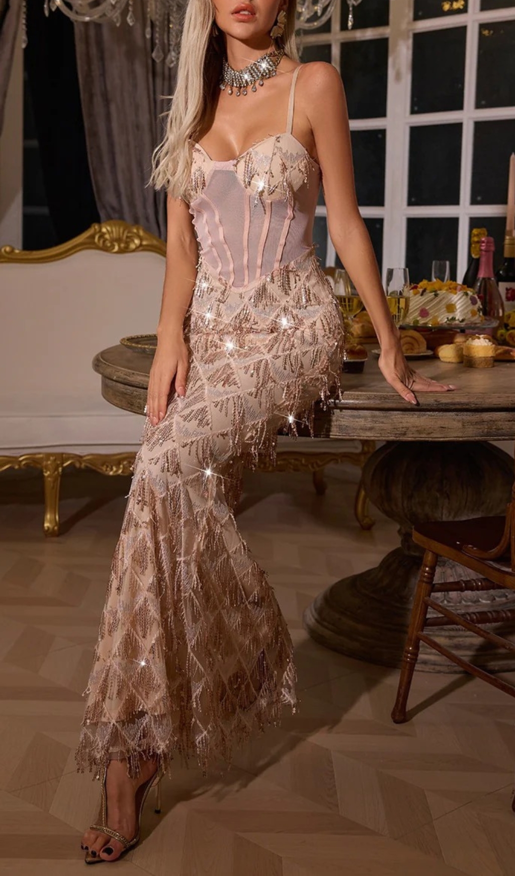 80f5685092bf335fe0d1bfcba6c1c3dc.jpg Fashionslee Women Carol Apricot Sequin Fringe Maxi Dress
