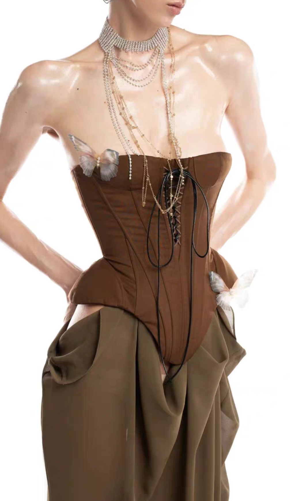 Fashionslee Women Edna Brown Strapless Corset Maxi Dress