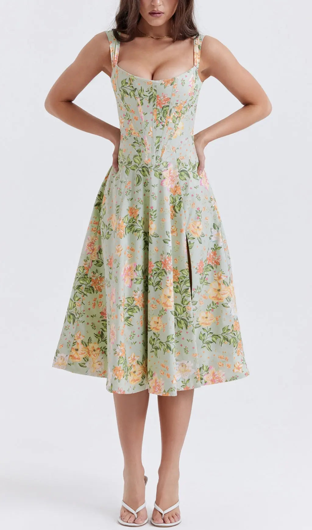 Fashionslee Women Light Jade Print Midi Sundress