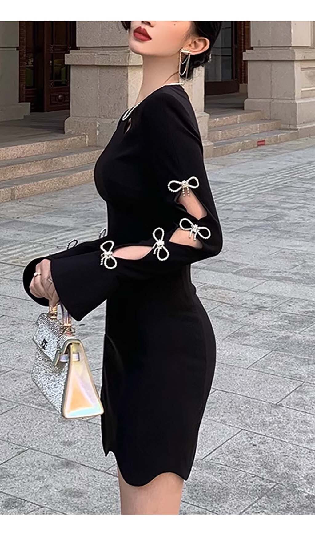 Fashionslee Women Rhinestone Bow-Embellished Mini Dress In Black