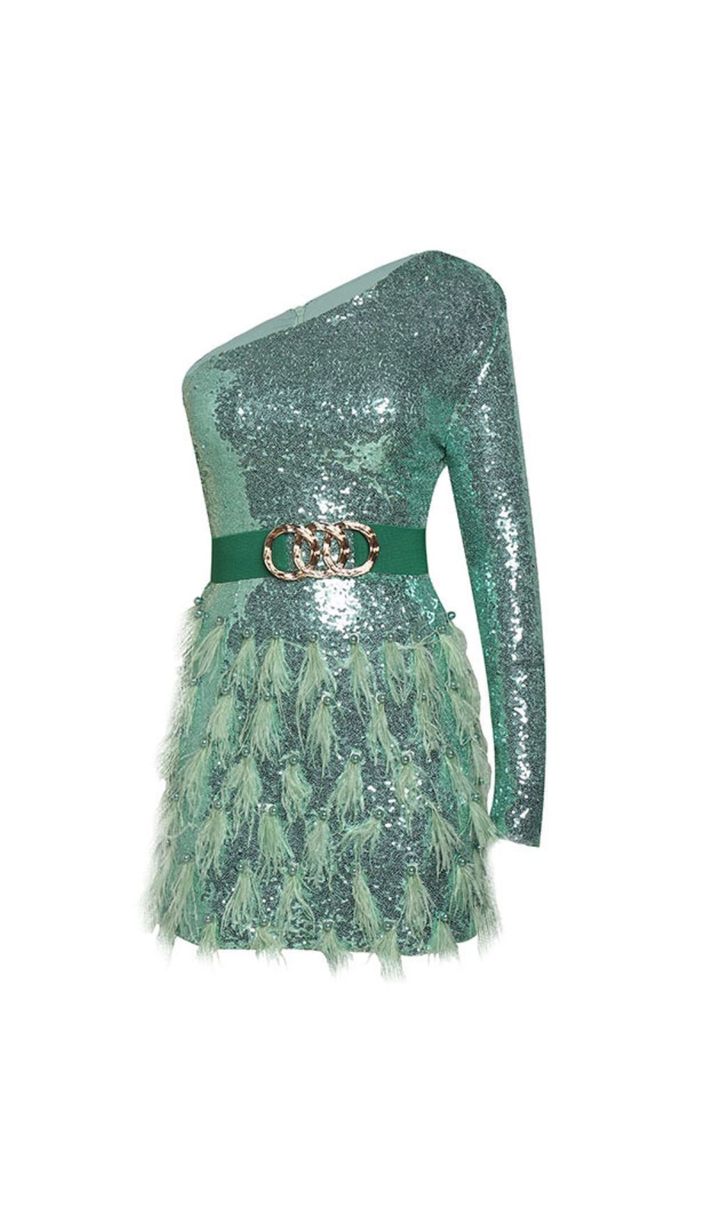 Fashionslee Women Akanksha Green Feather Sequins Mini Dress