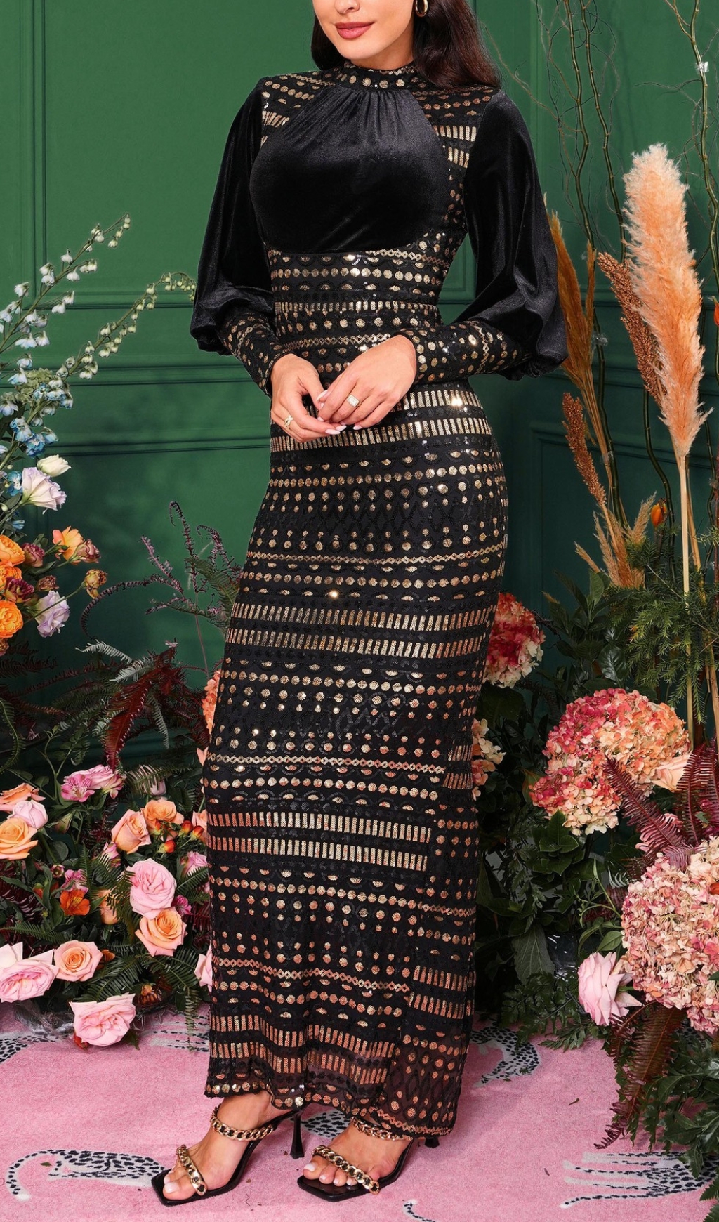 81dc358d2c89697e5b7c9b671c022731.jpg Fashionslee Women Chalise Gold Sequin Long Sleeve Maxi Dress